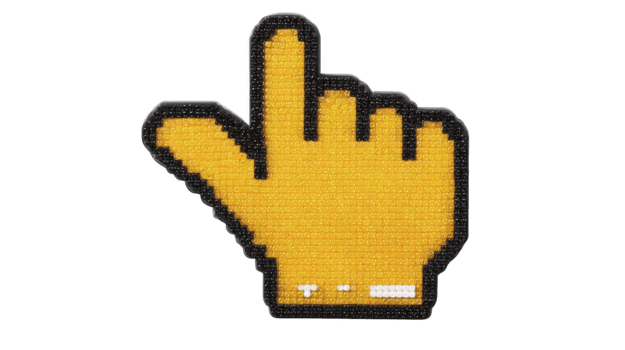 amarillo pixelado mano cursor icono con elevado índice dedo, resumido en negro, aislado en transparente fondo, digital Arte estilo, juguetón y moderno diseño para web o gráfico utilizar png
