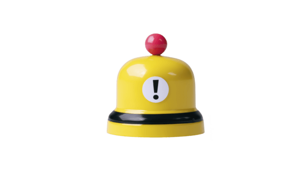 Yellow bell with exclamation mark red button and black stripe isolated on transparency background symbolizing alert warning or notification with playful and cheerful design png