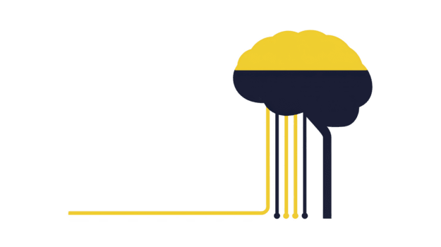 Yellow and dark blue minimal brain illustration, abstract neural network concept, modern technology, artificial intelligence, data connection, creative thinking, isolated on transparency background png