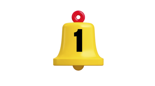 Yellow bell with number one, isolated on transparency background, features red loop on top, symbolizing alert, notification, or first place, with playful and cheerful design png