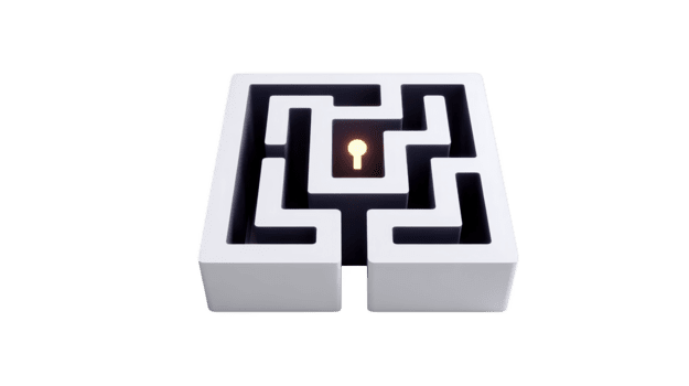 Maze puzzle solution keyhole challenge white black 3D abstract concept. A 3D white and black maze with glowing keyhole at center symbolizing challenge solution and abstract thinking in modern style png