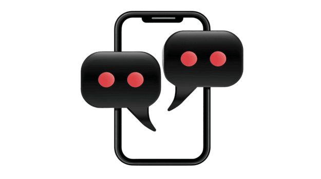 Smartphone with two black chat bubbles featuring red dots, symbolizing online messaging, digital communication, and social interaction in modern, minimal style png