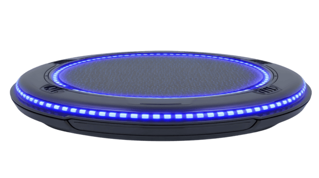 Futuristic round platform with glowing blue LED lights, sci fi technology, digital interface, and sleek black surface, perfect for modern virtual displays or advanced user interfaces png