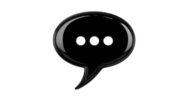 Speech bubble icon with three dots, glossy black style, isolated on transparent background, symbolizing communication, conversation, and messaging in modern digital context png
