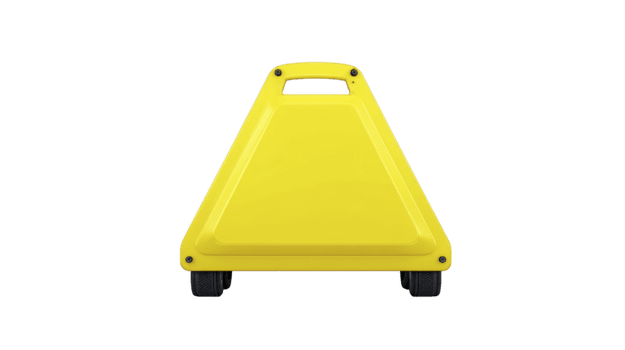 Yellow triangular caution sign with handle and wheels, isolated on transparency background, used for safety warnings in public spaces, clean and simple design, attention grabbing color png