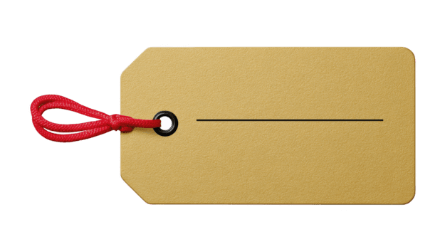 Brown paper tag with red string, blank label for price or gift, isolated on transparent background, simple and minimal design, suitable for retail, craft, or holiday use png