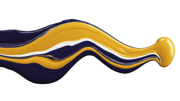 gul, blå, och vit måla strimma med glansig textur, abstrakt vätska form, och slät strömmande rader, isolerat på transparent bakgrund, kreativ och konstnärlig design element png