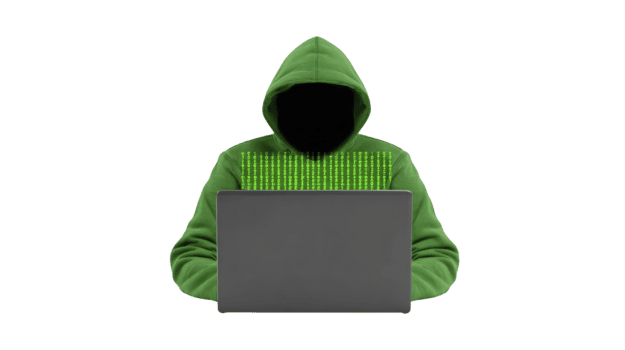 hacker dentro verde moletom com capuz com binário código em peito usando computador portátil, anônimo cibercriminoso conceito, isolado em transparência fundo, digital segurança ameaça, misterioso e secreto atmosfera png