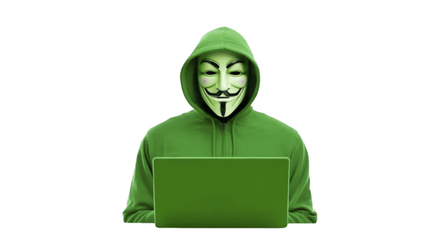 hacker verde capucha anónimo máscara ordenador portátil ciber seguridad Internet tecnología digital misterioso aislado enfocado en línea computadora máscara anonimato hackear cibercrimen secreto intimidad datos información png