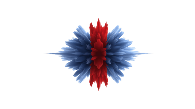 abstrakt symmetrisk digital konst terar central brista av blå och röd taggiga former, isolerat på genomskinlighet bakgrund, skapande modern, energisk, och dynamisk visuell effekt png