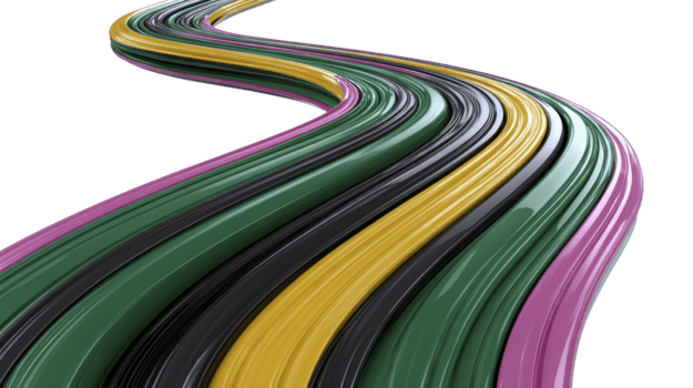 böjd abstrakt väg med glansig lila, grön, gul, och svart Ränder, skapande dynamisk, modern, och energisk visuell effekt på genomskinlighet bakgrund png