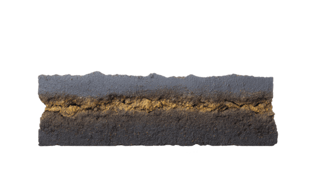 asfalto strada attraversare sezione con visibile strati, mostrando ruvido struttura e costruzione Materiale, isolato trasparenza sfondo, utile per ingegneria, costruzione, e infrastruttura concetti png