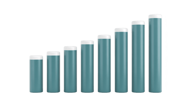 sju blå cylindrisk behållare med vit lock anordnad i stigande ordning, symboliserar tillväxt, framsteg, eller ökande nivåer, på genomskinlighet bakgrund png