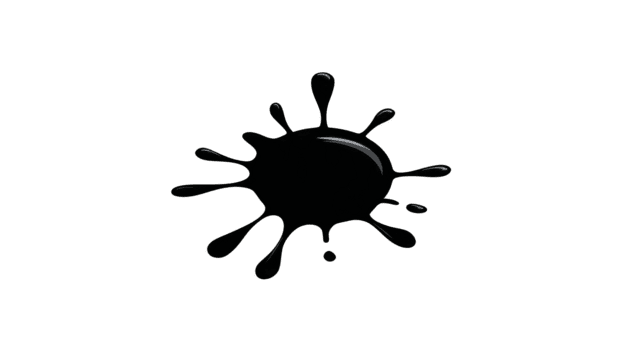 Black ink splash isolated on transparent background, abstract liquid stain with glossy texture, creative paint blot for artistic or graphic design use, dynamic and expressive shape png