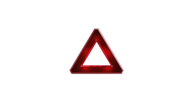 Red triangle warning sign with glossy metallic finish, isolated on transparent background, symbolizing caution, alert, or hazard in modern, minimal style png