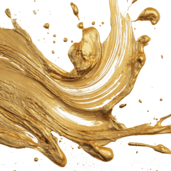 Golden paint flows and splashes, creating a lively and dynamic abstract design on a clean white surface. png