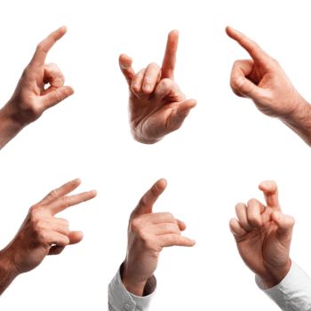 Five hands demonstrate distinct gestures, highlighting expressions and communication methods in a bright setting. png