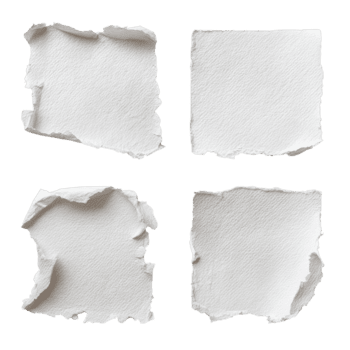 Four squares of white textured paper with varying torn edges display unique designs perfect for art projects. png