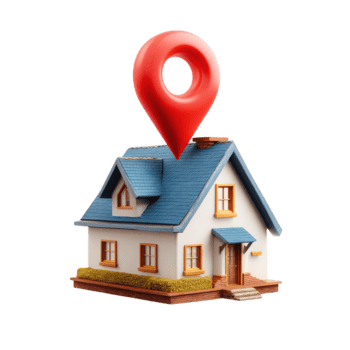 un' modello di un' Casa è visualizzato con un' rosso Posizione perno significare un' punto di interesse, ideale per vero tenuta elenchi. png