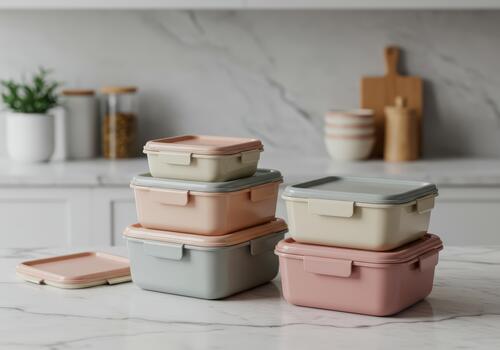 pulcramente apilado pastel comida almacenamiento contenedores en un prístino mármol cocina encimera, encarnando moderno organización para sostenible comida preparación y ordenado vivo espacios foto