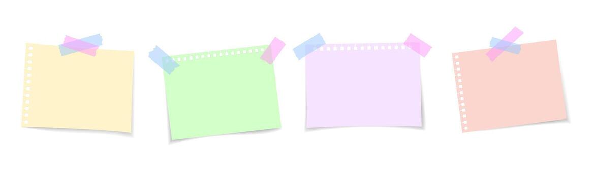 Set of colorful paper notes with adhesive tape. Realistic collection of sticky memo sheets in bright colors for office, planner, or reminder design. vector