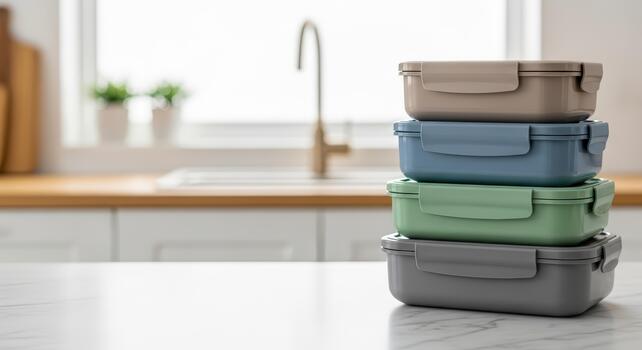 apilar de varios de colores reutilizable comida almacenamiento contenedores pulcramente arreglado en un limpiar cocina encimera, Perfecto para sano comida preparación y organizado diario comiendo foto