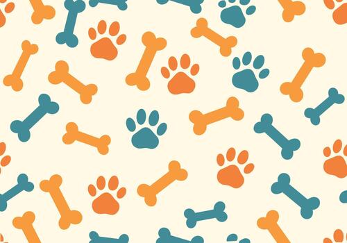 Seamless pattern featuring playful dog paw prints and bone shapes in teal and orange hues on a cream background, ideal for pet-themed designs. vector