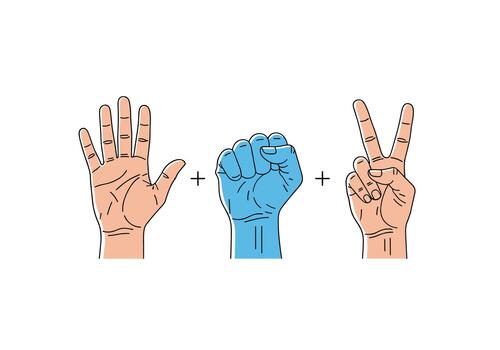 Hand gestures illustrating addition with a five, a fist, and a peace sign, representing a simple mathematical concept visually. vector