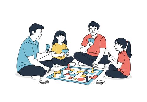 A happy family enjoys a board game together on the floor, fostering connection and creating joyful memories in a cozy home setting. vector