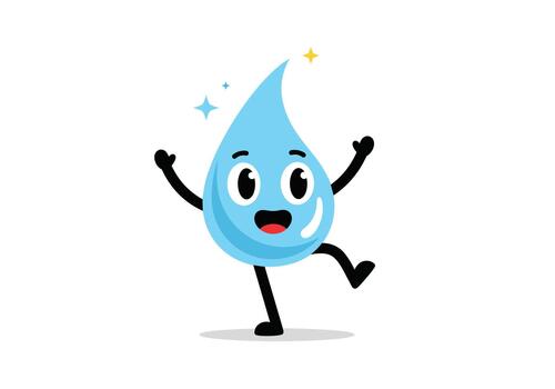 un alegre dibujos animados agua gotita personaje es alegremente bailando con brazos elevado y un espumoso efecto, representando limpieza y hidratación. vector