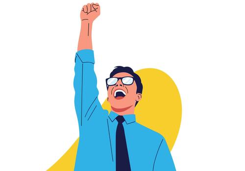 A jubilant businessman raises a clenched fist in celebration, expressing success and achievement with an enthusiastic expression and dynamic pose. vector