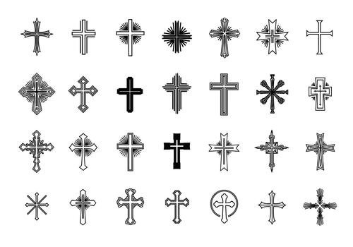 A diverse collection of black and white cross symbols representing various Christian denominations and artistic styles, presented on a white background. vector