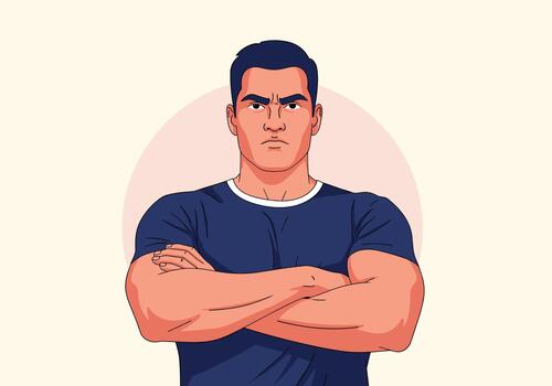 A stern-looking man with crossed arms and a determined expression, depicted in a vibrant, illustrative style, conveys strength and resolve. vector