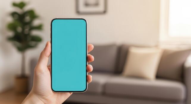 Digital device mockup hand displaying a modern cellphone with a bright empty screen, perfect for content presentation photo