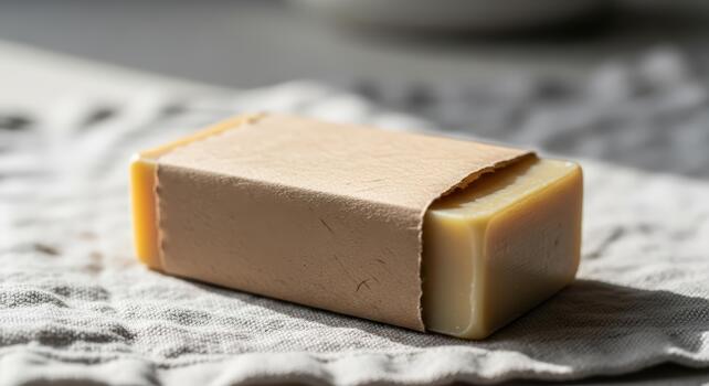 Artisanal natural soap bar, partly unwrapped in simple brown paper, symbolizing organic skincare and sustainable self-care on a textured linen fabric surface photo
