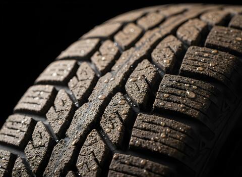 macro of tire tread pattern with water droplets and mud on the motorcycle, studio lighting, black background, ultra sharp detail, realistic shadows, macro photography photo