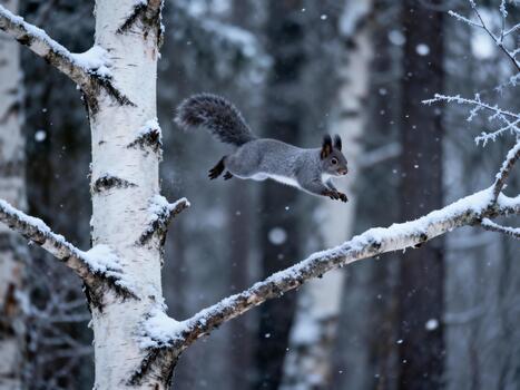 A playful gray squirrel leaping from branch to branch in a snow-laden birch tree, overcast winter day, muted colors, dense forest background, wildlife action shot, high shutter speed. photo
