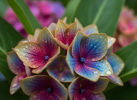 Macro image of a hydrangea cluster in gradient tones of magenta, blue, and gold, covered in delicate water droplets with a lush green background. photo
