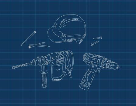 Powerful rotary hammer and regular drill set drawing in graphic style on blue background vector