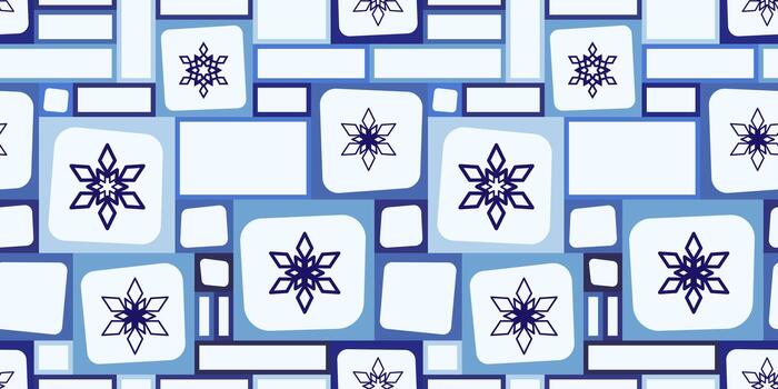 Geometric winter seamless pattern. Blue snowflakes and rectangles on white background. Square frames with rounded corners. Snowflakes in cells. Unusual Christmas background. vector