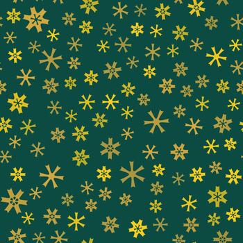 Navidad sin costura modelo con pequeño sencillo copos de nieve. invierno verde antecedentes clásico estilo. amarillo aleatorio copos de nieve en oscuro verde antecedentes. Navidad estado animico modelo para decoración, textil, papel, etc vector