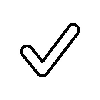 Checkmark icon in pixel art represents approval depicting validation with digital aesthetic. vector