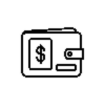 Pixelated wallet icon with dollar sign representing personal finance and digital payment in 8 bit vector