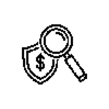 Pixelated shield with dollar and magnifying glass icon representing finance security and audit concept vector