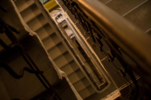 Staircase View From Above in a Historic Building With Ornate Railings and Light Illuminating From Below photo