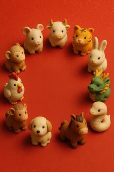Miniature figurines of the twelve Chinese zodiac animals arranged in a circle on a red background. The image represents the concept of tradition, culture, and zodiac symbolism photo