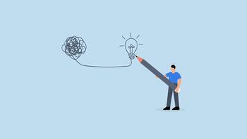 criatividade para resolver problema - criatividade para resolver problema, 4k animação o negócio homem desenhar lâmpada a partir de bagunçado nó. video