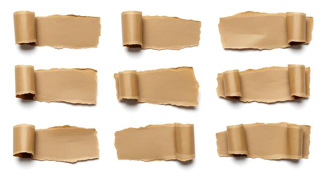 A collection of nine versatile distressed brown paper elements with distinct curled edges, perfect for adding an organic touch to any project photo