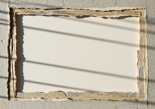 Textured background featuring an empty rectangular frame with rough, peeling edges and abstract diagonal shadows creating a minimalist composition photo