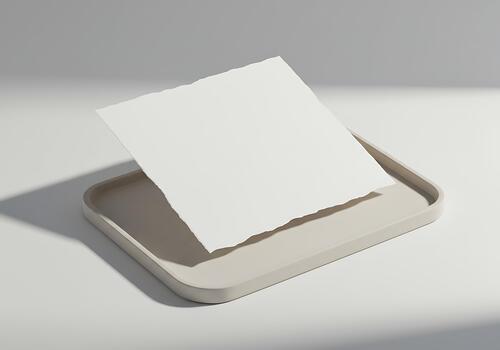 elegante presentación de un borde irregular blanco papel tarjeta flotante encima un moderno ligero gris rectangular bandeja para tu creativo mensaje foto